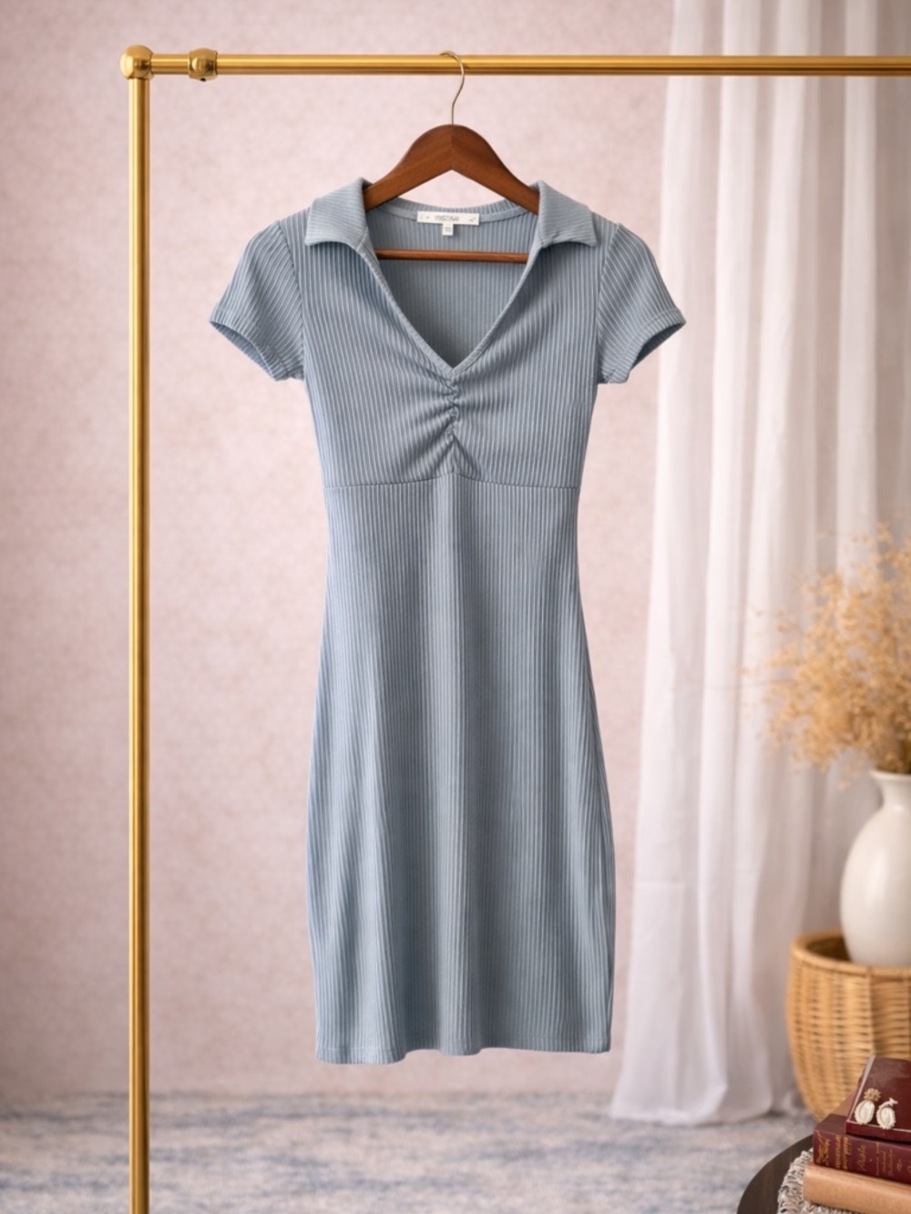 Light Blue Ribbed Polo V-Neck Dress by - Picture 1 of 1